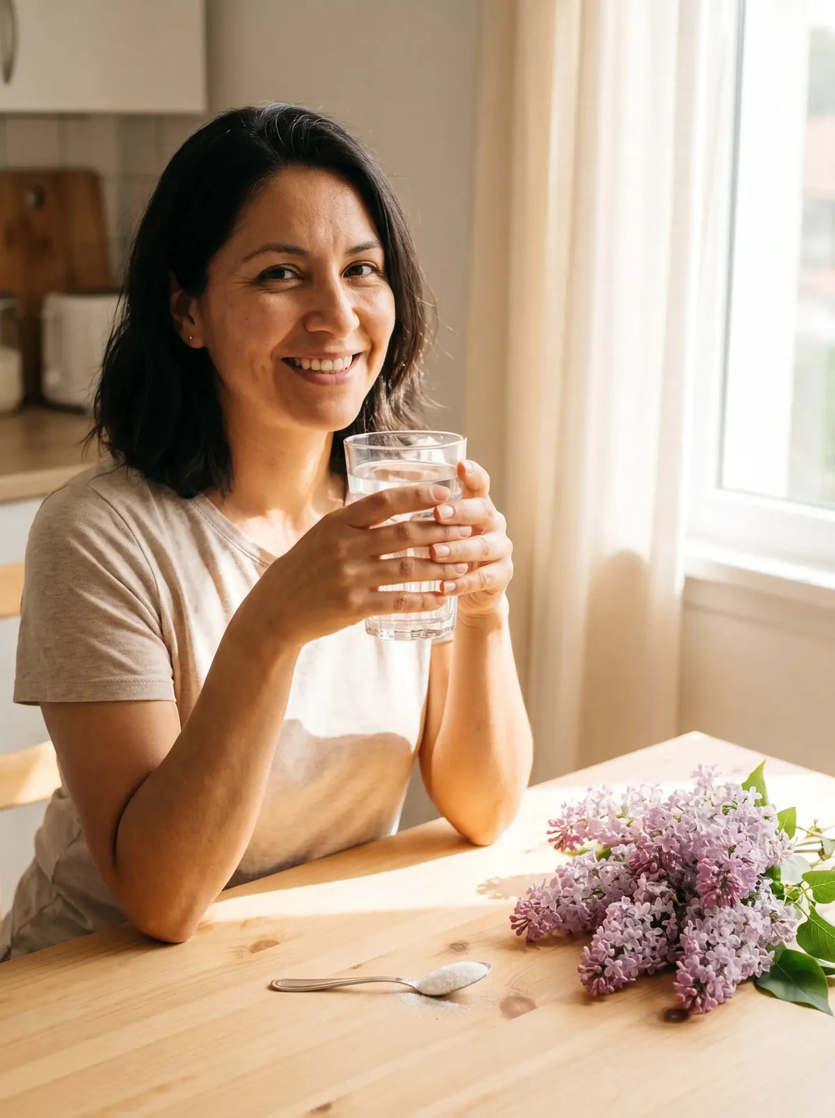 Mujer preparando su bebida de la mañana con colágeno