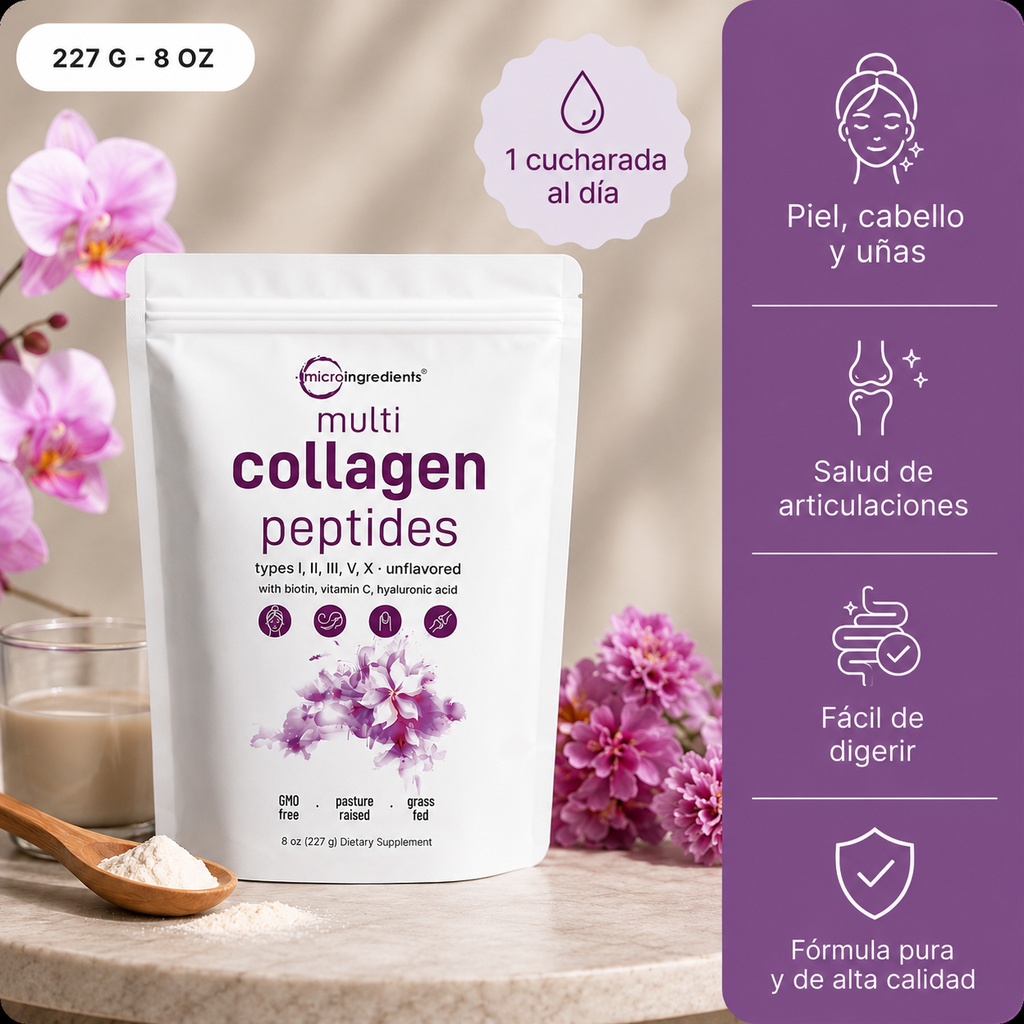 Envase de Multi Colageno Peptidos de 227 g junto a flores y una cuchara de madera con el polvo sin sabor