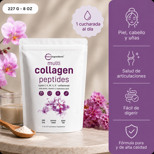 Envase de Multi Colageno Peptidos de 227 g junto a flores y una cuchara de madera con el polvo sin sabor