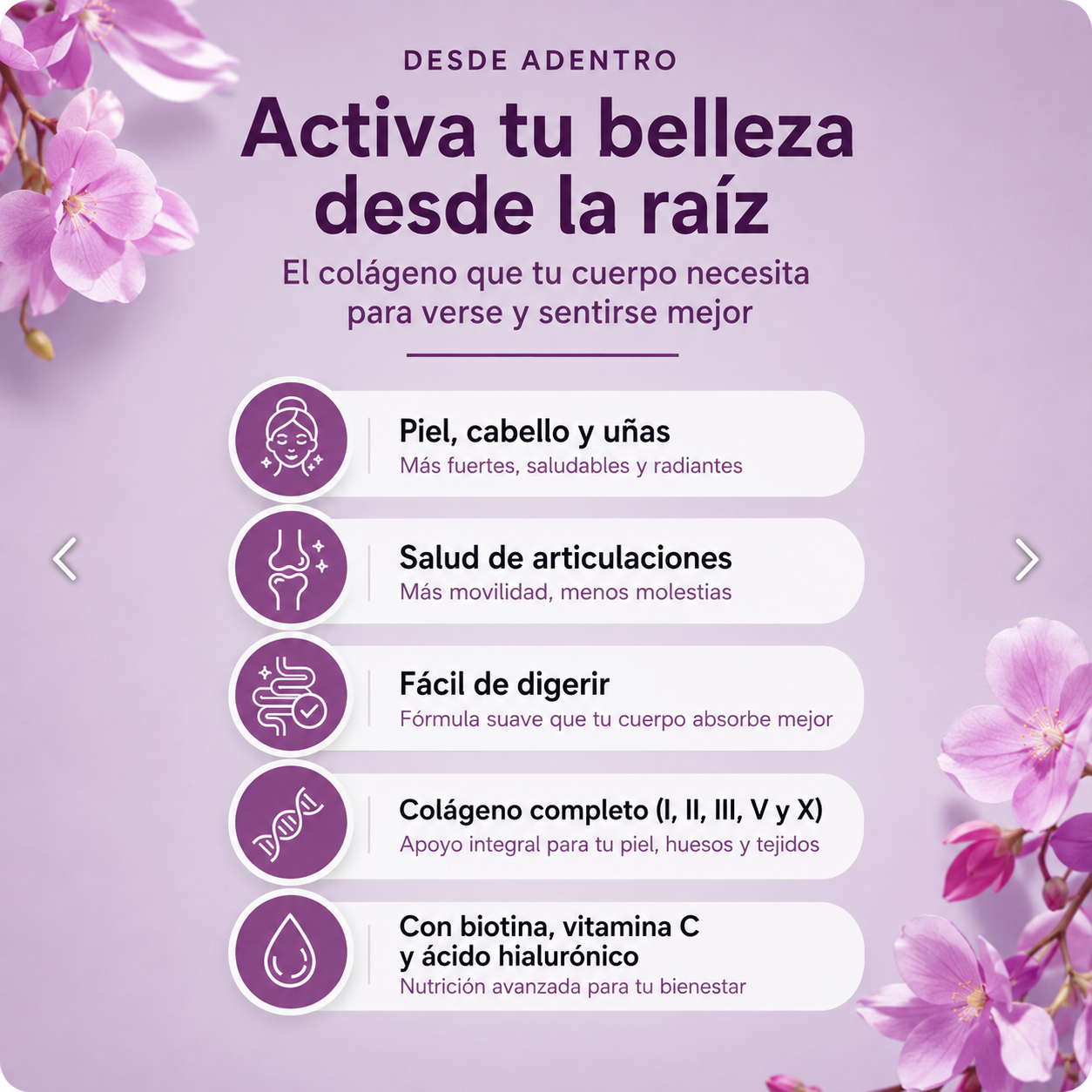 Beneficios del colageno: piel, cabello y unas, salud de articulaciones, facil de digerir y colageno completo tipos I, II, III, V y X